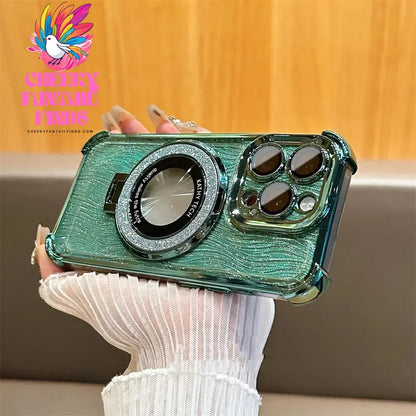 Glitter Water Ripple Magsafe Logo Hole Case For iPhone 14 15 Pro Max 13 Pro Folding Holder Cover For iPhone 16 Plus Hard Shell Cheeky Fantail Finds