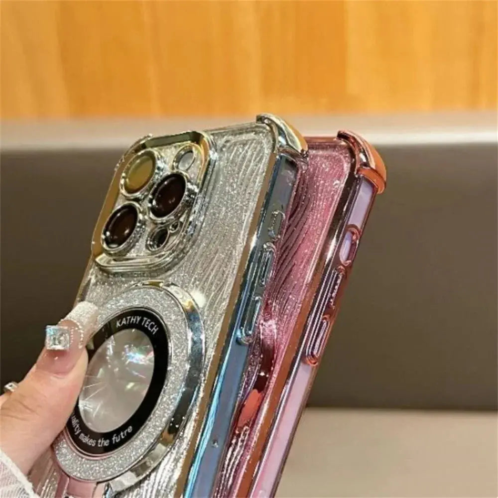 Glitter Water Ripple Magsafe Logo Hole Case For iPhone 14 15 Pro Max 13 Pro Folding Holder Cover For iPhone 16 Plus Hard Shell Cheeky Fantail Finds
