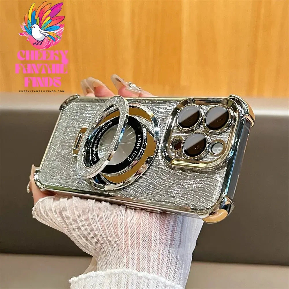 Glitter Water Ripple Magsafe Logo Hole Case For iPhone 14 15 Pro Max 13 Pro Folding Holder Cover For iPhone 16 Plus Hard Shell Cheeky Fantail Finds