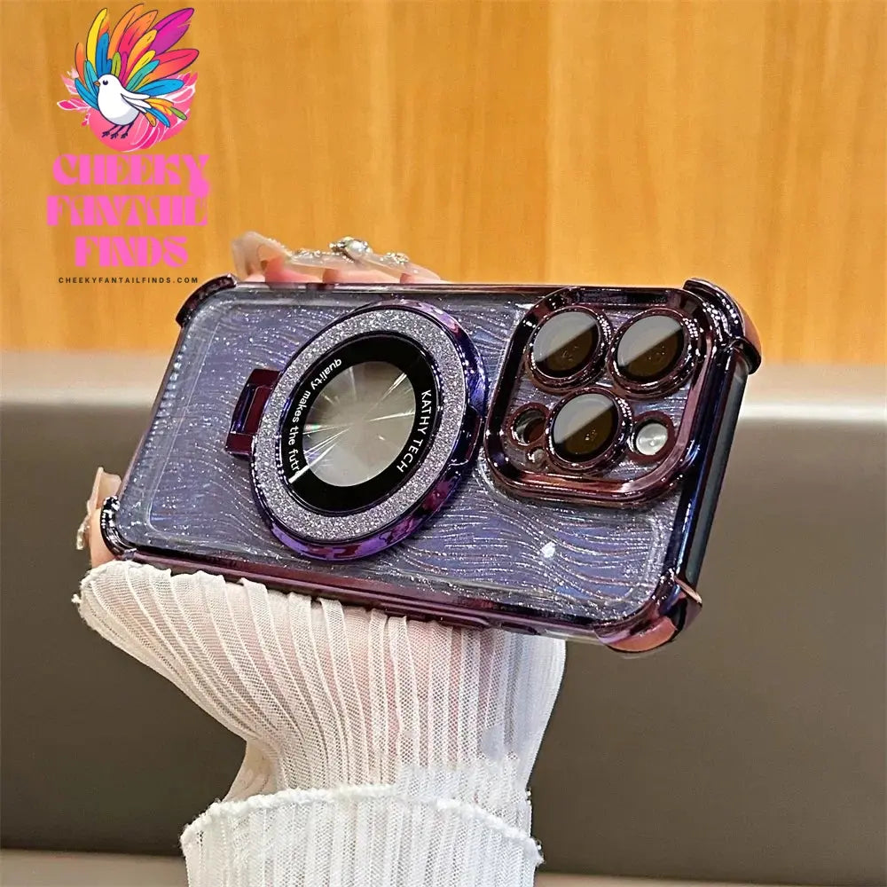 Glitter Water Ripple Magsafe Logo Hole Case For iPhone 14 15 Pro Max 13 Pro Folding Holder Cover For iPhone 16 Plus Hard Shell Cheeky Fantail Finds