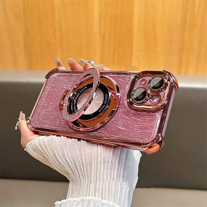 Glitter Water Ripple Magsafe Logo Hole Case For iPhone 14 15 Pro Max 13 Pro Folding Holder Cover For iPhone 16 Plus Hard Shell Cheeky Fantail Finds