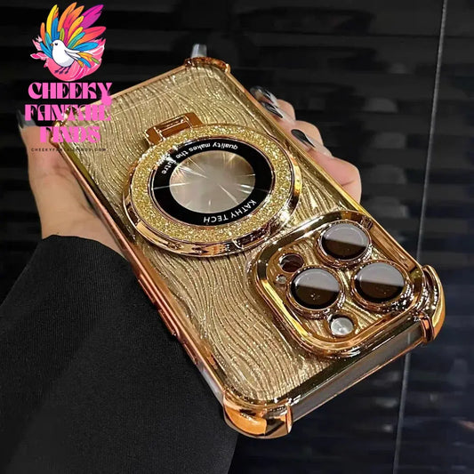 Glitter Water Ripple Magsafe Logo Hole Case For iPhone 14 15 Pro Max 13 Pro Folding Holder Cover For iPhone 16 Plus Hard Shell Cheeky Fantail Finds