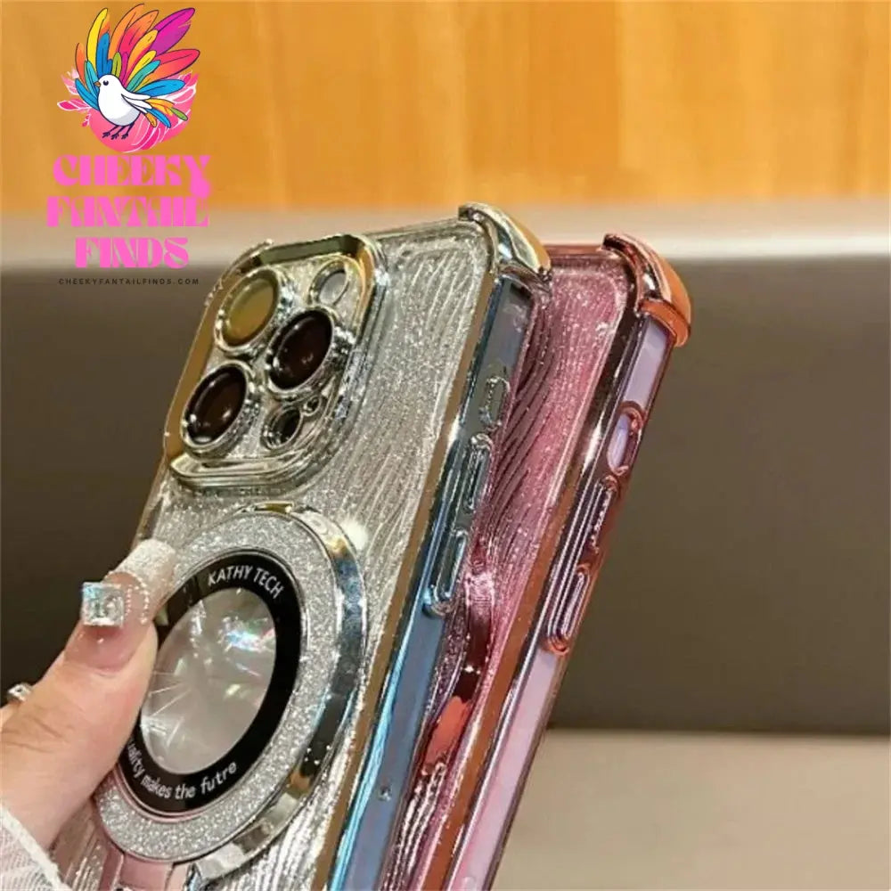 Glitter Water Ripple Magsafe Logo Hole Case For iPhone 14 15 Pro Max 13 Pro Folding Holder Cover For iPhone 16 Plus Hard Shell Cheeky Fantail Finds