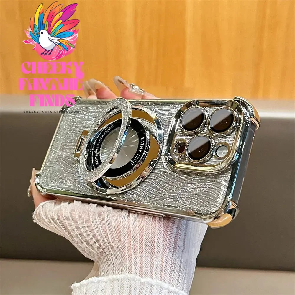 Glitter Water Ripple Magsafe Logo Hole Case For iPhone 14 15 Pro Max 13 Pro Folding Holder Cover For iPhone 16 Plus Hard Shell Cheeky Fantail Finds