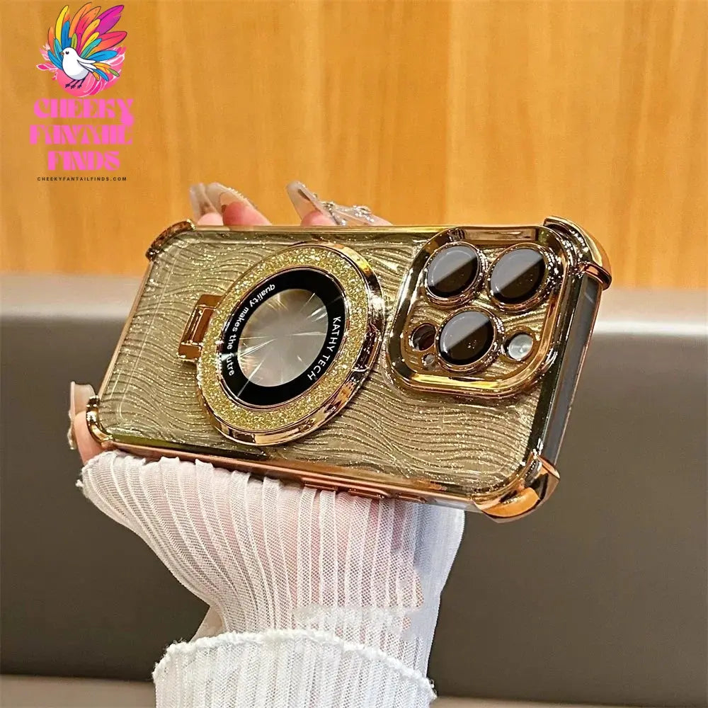 Glitter Water Ripple Magsafe Logo Hole Case For iPhone 14 15 Pro Max 13 Pro Folding Holder Cover For iPhone 16 Plus Hard Shell Cheeky Fantail Finds