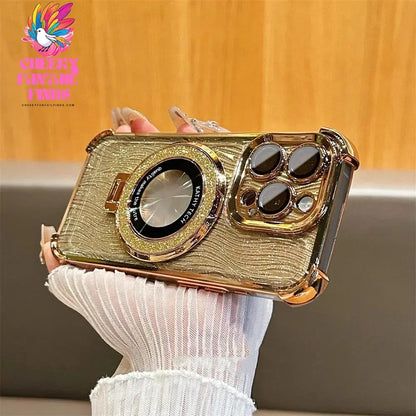 Glitter Water Ripple Magsafe Logo Hole Case For iPhone 14 15 Pro Max 13 Pro Folding Holder Cover For iPhone 16 Plus Hard Shell Cheeky Fantail Finds