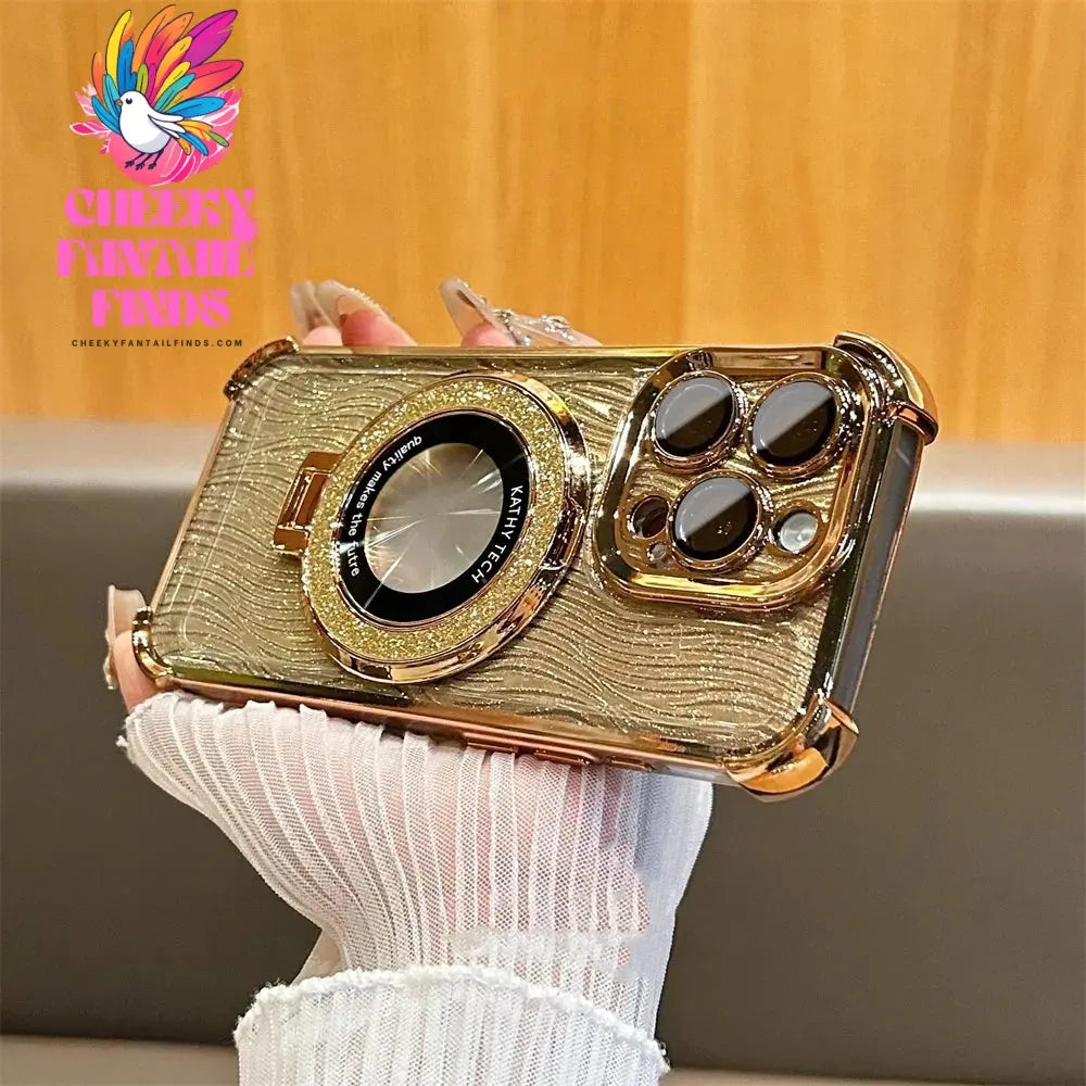 Glitter Water Ripple Magsafe Logo Hole Case For iPhone 14 15 Pro Max 13 Pro Folding Holder Cover For iPhone 16 Plus Hard Shell Cheeky Fantail Finds