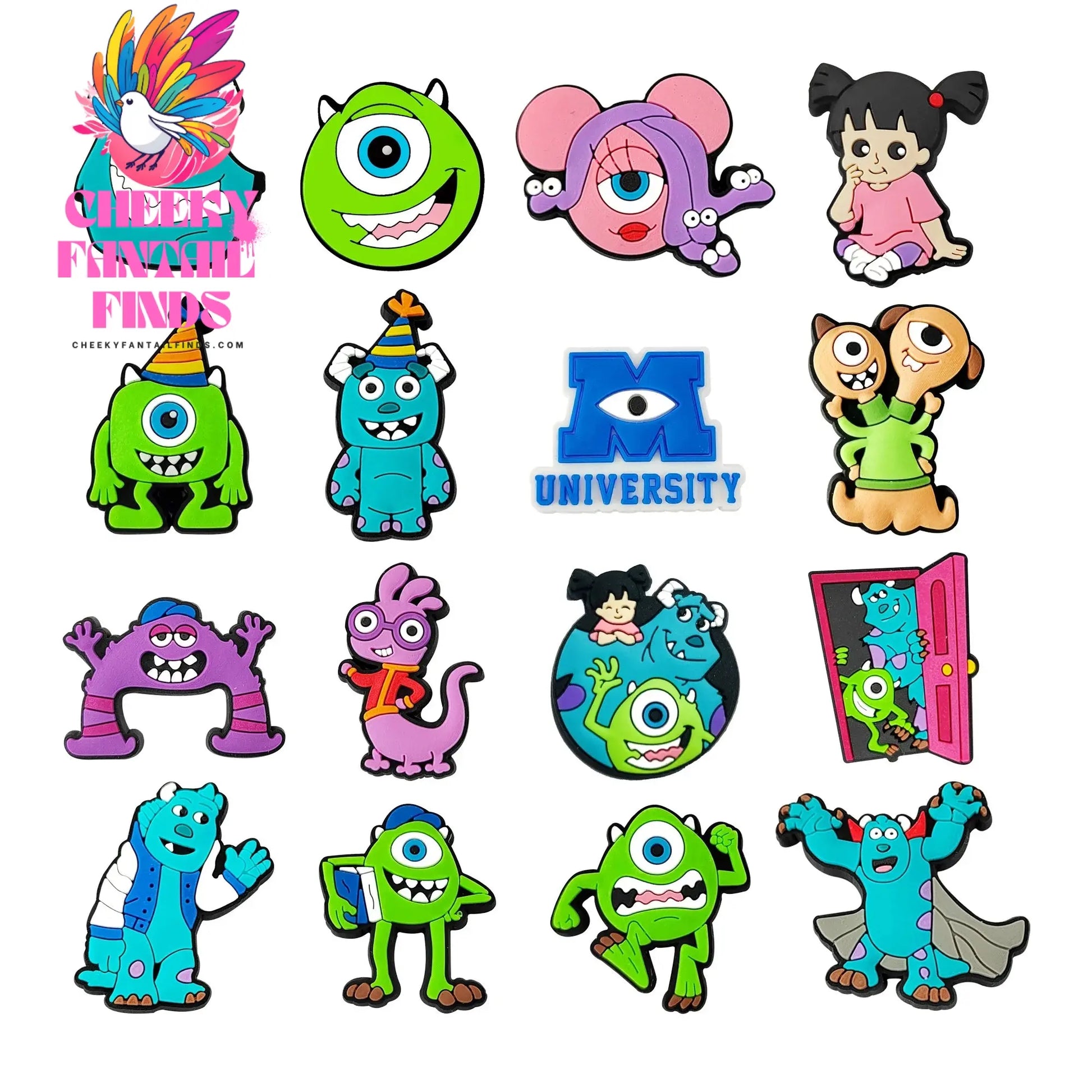 Hot Sale 1-16pcs Cartoon Monsters Inc. University James P Shoe Charms PVC Garden Shoes Buckles Decoration Fit Kids Gift Cheeky Fantail Finds