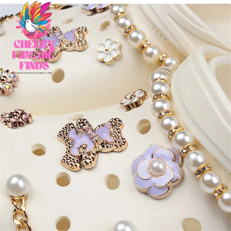 Hot sales Hole Shoe Charms for DIY alloy diamond detachable pearl chain Decoration for Shoe Charm Accessories Kids Party Gift Cheeky Fantail Finds