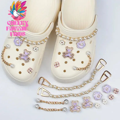 Hot sales Hole Shoe Charms for DIY alloy diamond detachable pearl chain Decoration for Shoe Charm Accessories Kids Party Gift Cheeky Fantail Finds