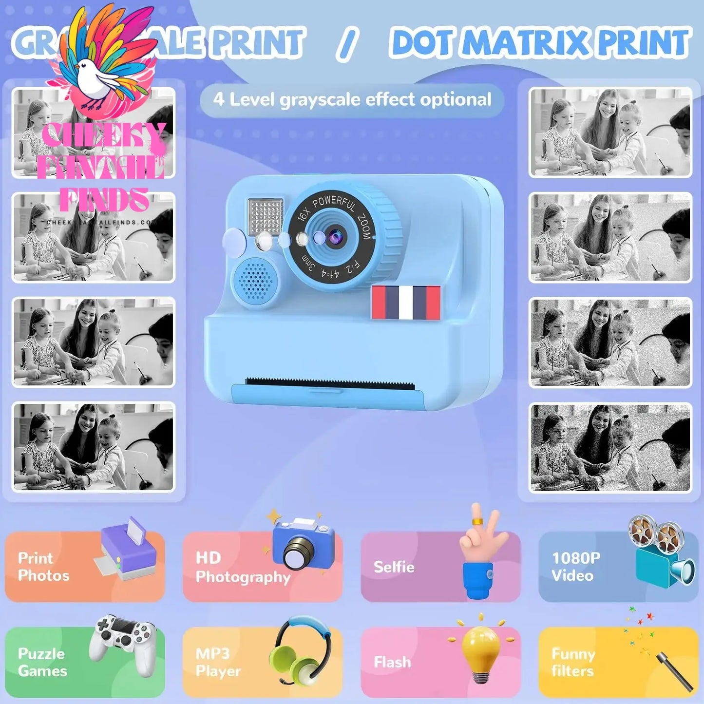 Instant printing with children's cameras, Christmas birthday gifts for boys and girls aged 3-12, FHD selfie children's digital c Cheeky Fantail Finds