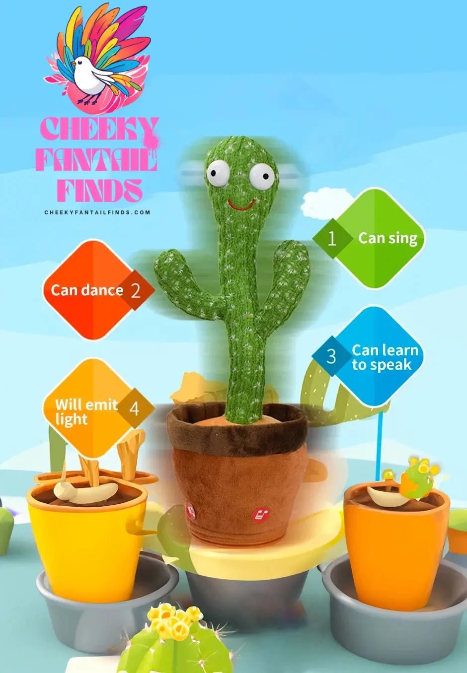Intelligent Cactus Interactive Learning and Musical Toy for Kids to Dance Record and Speak with Fun Cheeky Fantail Finds