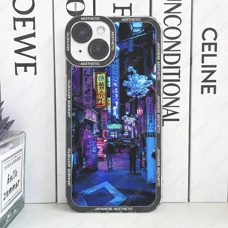 Japanese Aesthetic Night City Tokyo Phone Case For iPhone 16 15 14 13 12 11 Pro Max Mini Plus Soft Cover Cheeky Fantail Finds