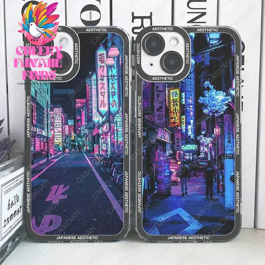 Japanese Aesthetic Night City Tokyo Phone Case For iPhone 16 15 14 13 12 11 Pro Max Mini Plus Soft Cover Cheeky Fantail Finds