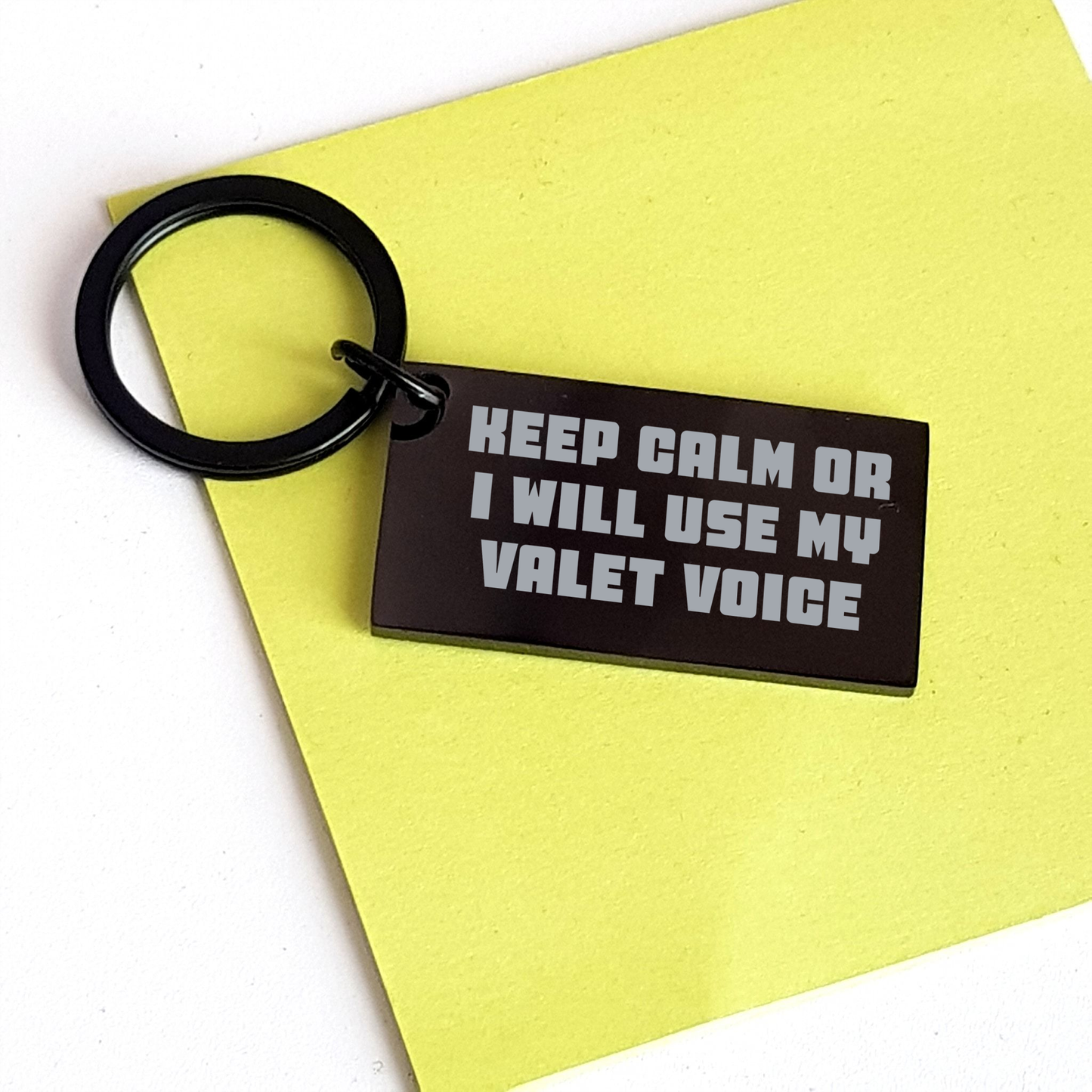 Funny Valet Gifts from Friends for Father's Day, Unique Keychain with 'Keep Calm Or I Will Use My Valet Voice', Black Stainless Steel, 1.57x0.87in, Engraved Message - Image 3