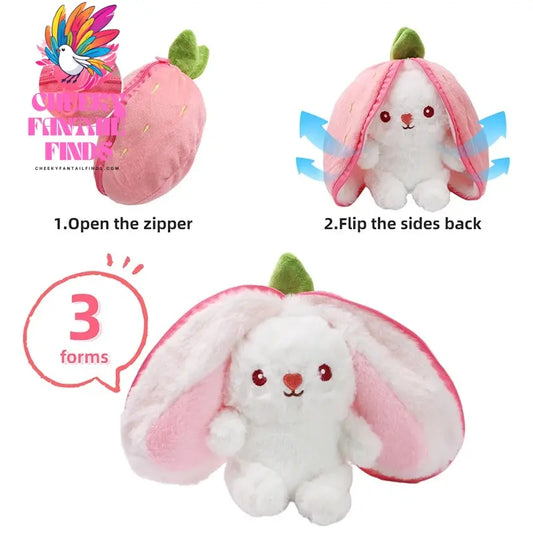 Kawaii Fruit Bunny Plush Toy Cute watermelon StrawberryCarrot  Reversible Rabbit Zipper Plush Toy Kids Birthday Gift Cheeky Fantail Finds