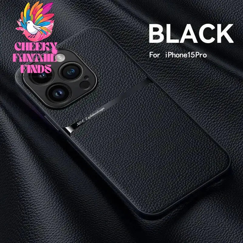 Leather For Magsafe Magnetic Car Holder Phone Case For iPhone 16 15 14 13 12 Pro Max Luxury Matte Shockproof Lens Protect Cover Cheeky Fantail Finds