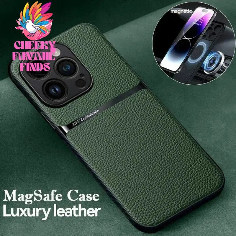 Leather For Magsafe Magnetic Car Holder Phone Case For iPhone 16 15 14 13 12 Pro Max Luxury Matte Shockproof Lens Protect Cover Cheeky Fantail Finds