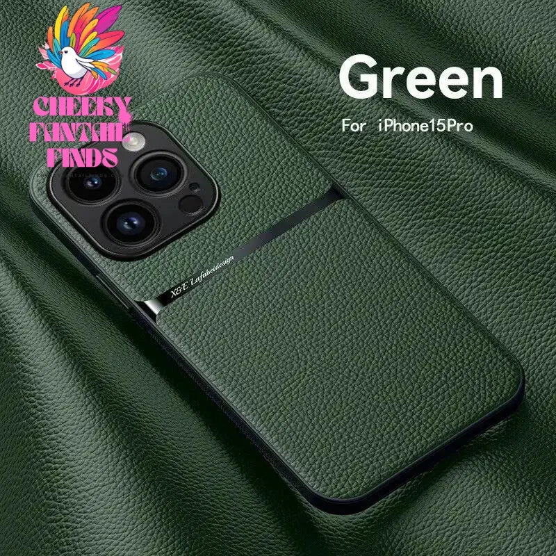 Leather For Magsafe Magnetic Car Holder Phone Case For iPhone 16 15 14 13 12 Pro Max Luxury Matte Shockproof Lens Protect Cover Cheeky Fantail Finds