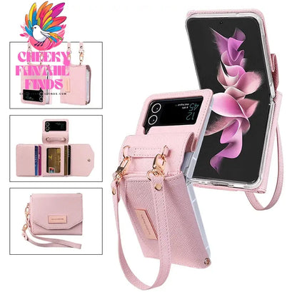 Leather Wallet Case for Samsung Galaxy Z Flip 4, 3, Z4, Z3, z flip 5 phone case with hand strap,z flip 6 case Cheeky Fantail Finds