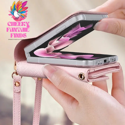 Leather Wallet Case for Samsung Galaxy Z Flip 4, 3, Z4, Z3, z flip 5 phone case with hand strap,z flip 6 case Cheeky Fantail Finds