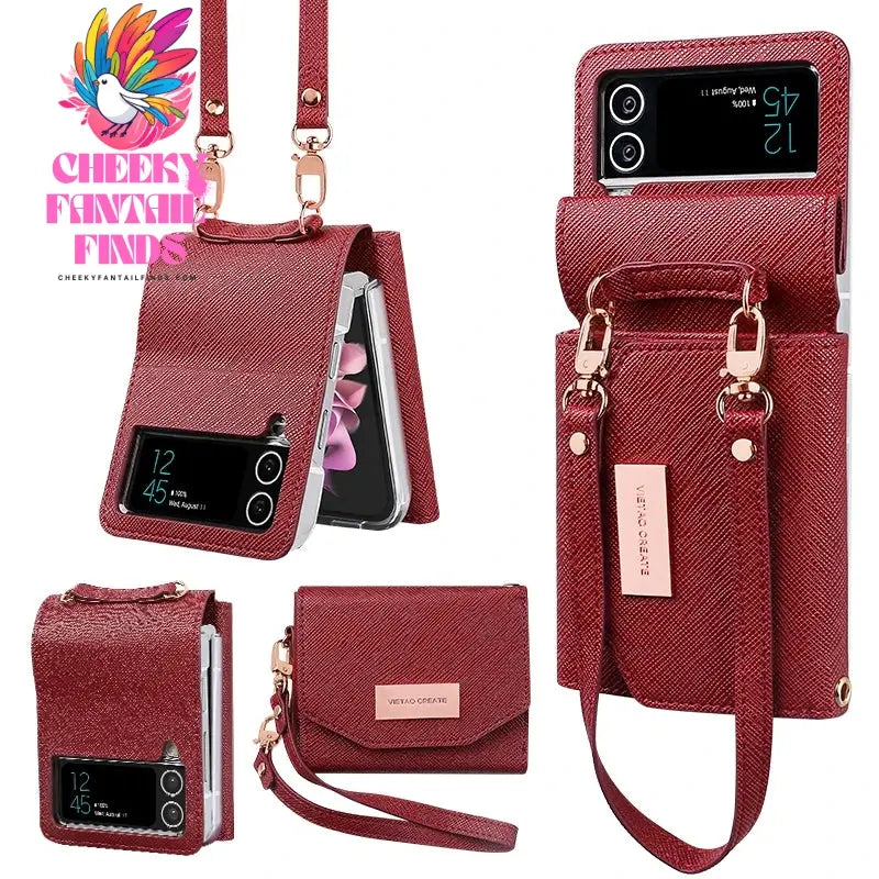 Leather Wallet Case for Samsung Galaxy Z Flip 4, 3, Z4, Z3, z flip 5 phone case with hand strap,z flip 6 case Cheeky Fantail Finds