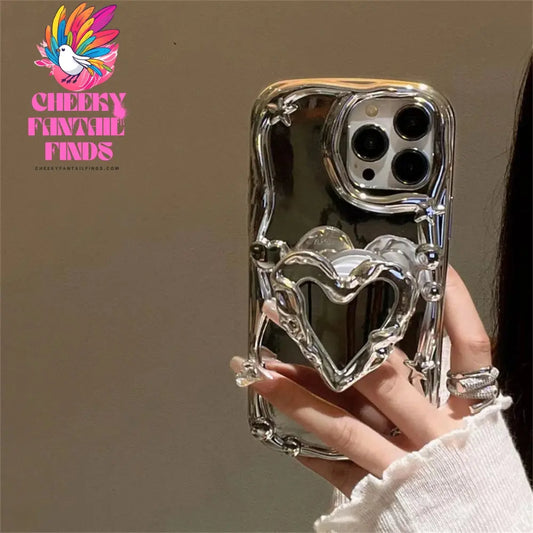 Luxury 3D Love Heart Star Ring Holder Stand Phone Case For iPhone 11 15 Pro Max 14 Pro 13 12 Silver Edge Soft Silicone Cover Cheeky Fantail Finds