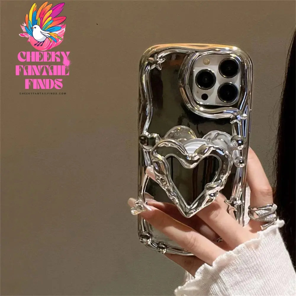 Luxury 3D Love Heart Star Ring Holder Stand Phone Case For iPhone 11 15 Pro Max 14 Pro 13 12 Silver Edge Soft Silicone Cover Cheeky Fantail Finds