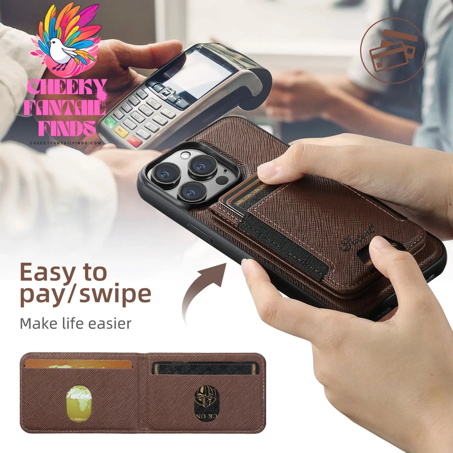 Luxury Leather Magnetic 2-in-1 Card Holder Wallet Phone Case Support Wireless Charging for iPhone 16Pro Max 15Plus 14 13 12 Cheeky Fantail Finds