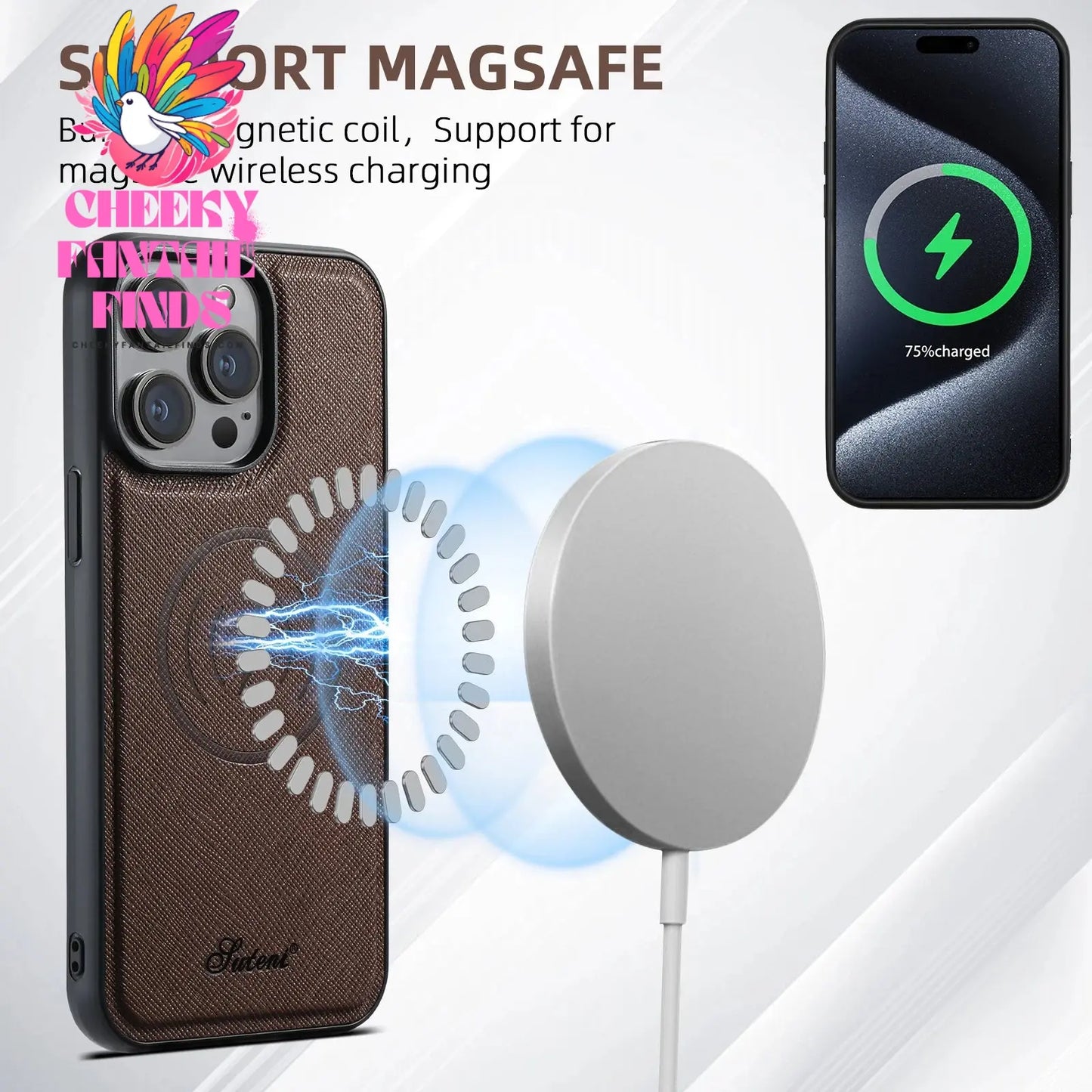 Luxury Leather Magnetic 2-in-1 Card Holder Wallet Phone Case Support Wireless Charging for iPhone 16Pro Max 15Plus 14 13 12 Cheeky Fantail Finds