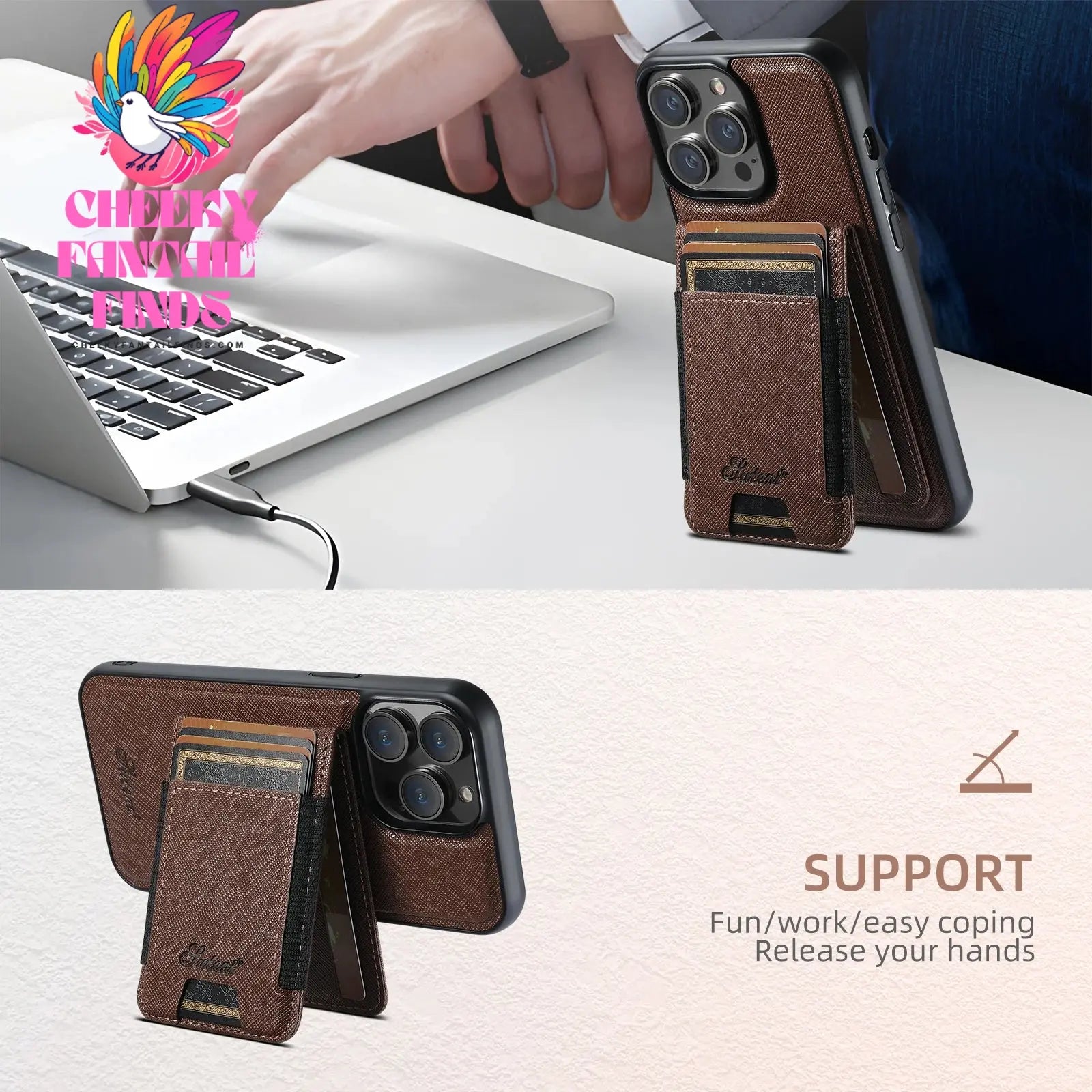 Luxury Leather Magnetic 2-in-1 Card Holder Wallet Phone Case Support Wireless Charging for iPhone 16Pro Max 15Plus 14 13 12 Cheeky Fantail Finds