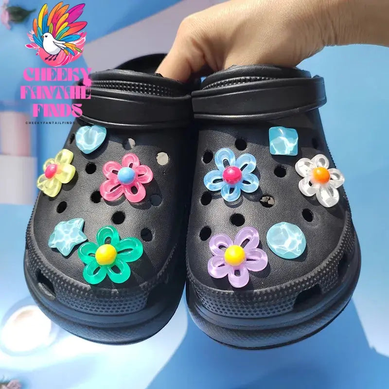 New 9pcs 5 petal flower Hole shoe Charms Designer DIY Shiny Bling Shoes Decaration for Clogs Kids Boys Women Girls Gifts Cheeky Fantail Finds