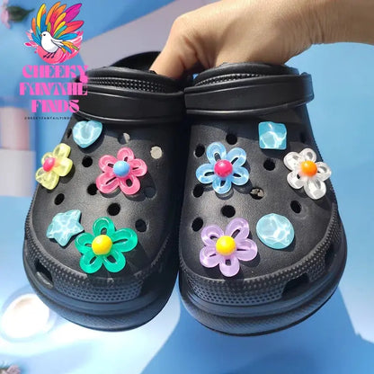 New 9pcs 5 petal flower Hole shoe Charms Designer DIY Shiny Bling Shoes Decaration for Clogs Kids Boys Women Girls Gifts Cheeky Fantail Finds