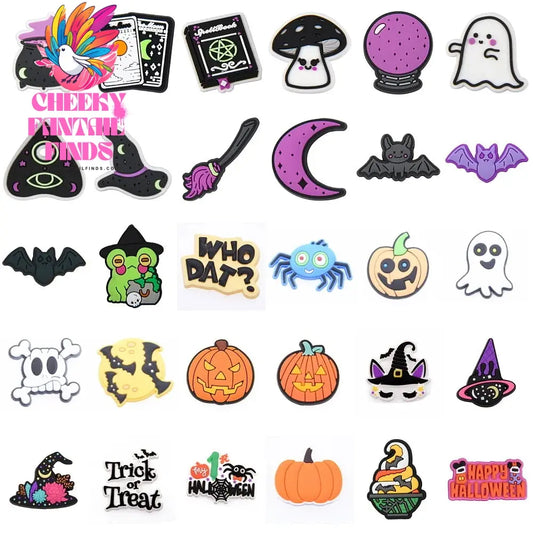 New Black Magic Horror Movie Shoe Charms White Ghost Pumpkin Shoe Decoration Purple Moon Light Cats Clog Charms Halloween Gift Cheeky Fantail Finds