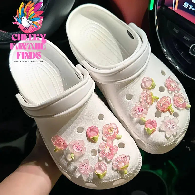 New Elegant Women DIY Hole Shoes Charms for Cute Sakura shoes Accessories White Pink All-match Shoe Decorations Fashion Bundle - Cheeky Fantail Finds
