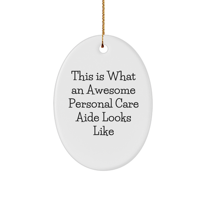 Funny Christmas Unique Gifts for Personal Care Aides from Friends, 'This Is What An Awesome Personal Care Aide Looks Like', Oval Ornament Gifts - Image 1