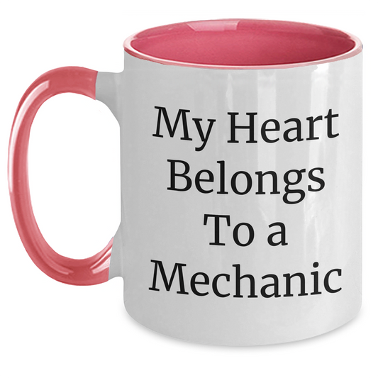 Funny Mechanic Gifts from Family for Graduation Unique Two Tone Coffee Mugs - 'My Heart Belongs To A Mechanic' - Main