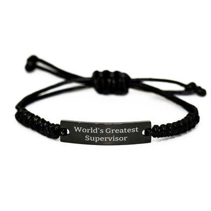 Funny World's Greatest Supervisor Gifts Rope Bracelet for Dad's Day, Gifts from Family to Supervisor, Adjustable Black Rope Jewelry with Engraved Black Stainless Steel - Image 1