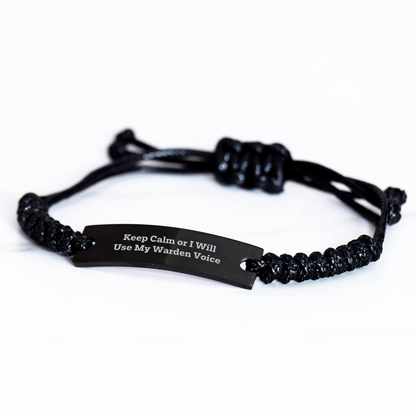 Warden Gifts: Funny 'Keep Calm Or I Will Use My Warden Voice' Rope Bracelet, Adjustable, Black, Gifts from Men, for Warden, Unique Father's Day Unique Gifts - Image 2