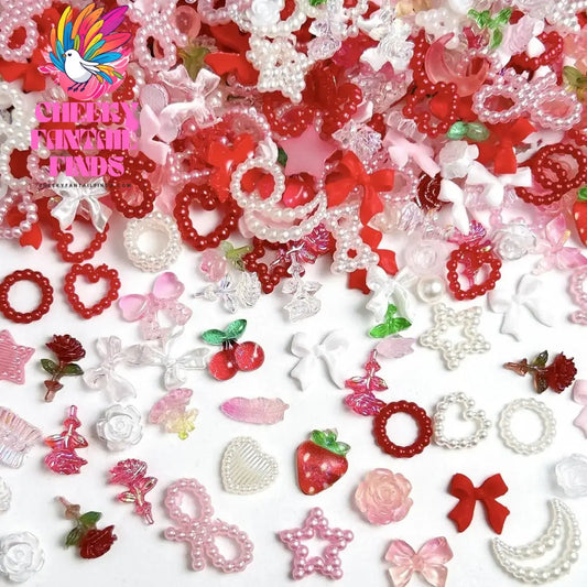 Random Mixed Sweet Red White Series Nail Charms 3D Resin Hollow Out Heart Bow Strawberry Cherry Nail Art Decorations Accessories Cheeky Fantail Finds