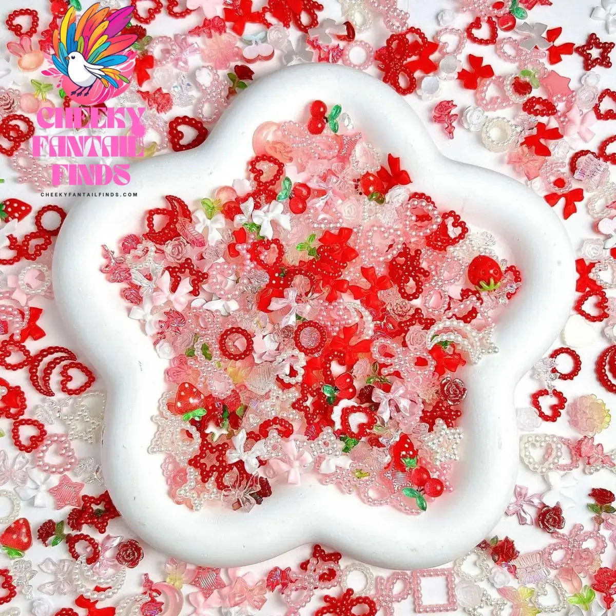 Random Mixed Sweet Red White Series Nail Charms 3D Resin Hollow Out Heart Bow Strawberry Cherry Nail Art Decorations Accessories Cheeky Fantail Finds