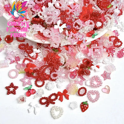 Random Mixed Sweet Red White Series Nail Charms 3D Resin Hollow Out Heart Bow Strawberry Cherry Nail Art Decorations Accessories Cheeky Fantail Finds
