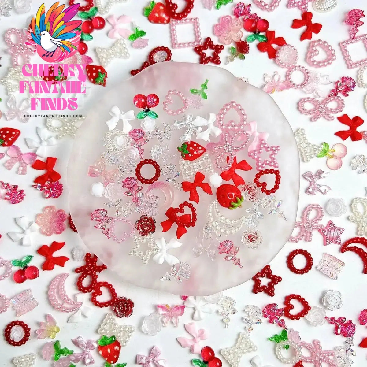 Random Mixed Sweet Red White Series Nail Charms 3D Resin Hollow Out Heart Bow Strawberry Cherry Nail Art Decorations Accessories Cheeky Fantail Finds
