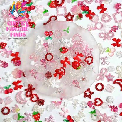 Random Mixed Sweet Red White Series Nail Charms 3D Resin Hollow Out Heart Bow Strawberry Cherry Nail Art Decorations Accessories Cheeky Fantail Finds