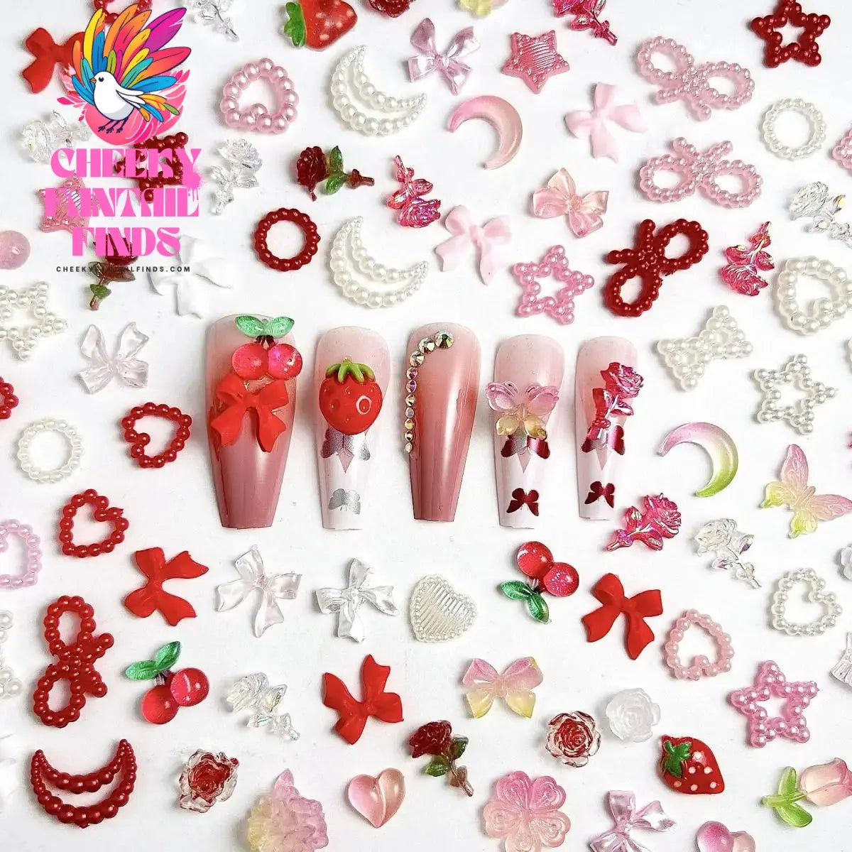 Random Mixed Sweet Red White Series Nail Charms 3D Resin Hollow Out Heart Bow Strawberry Cherry Nail Art Decorations Accessories Cheeky Fantail Finds