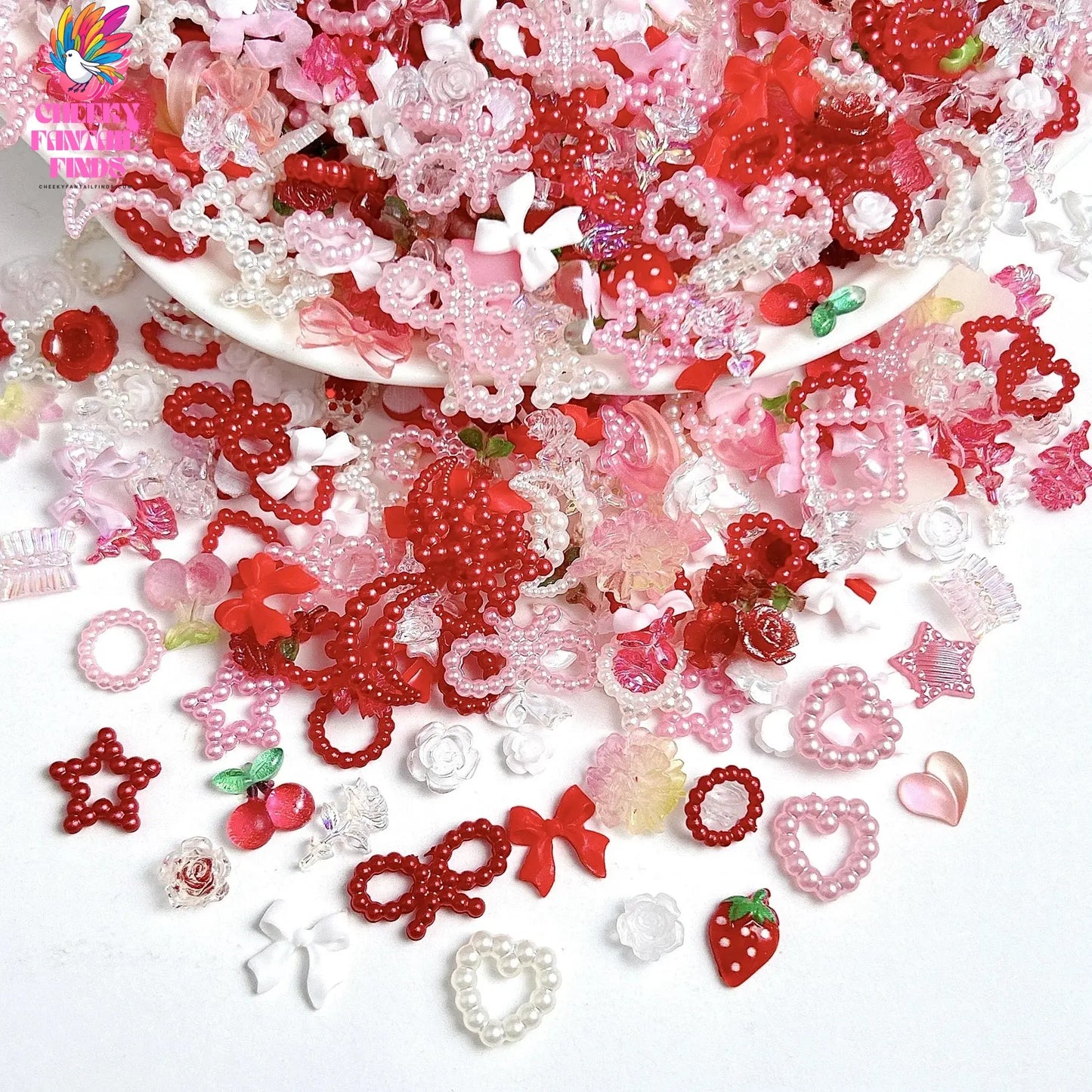 Random Mixed Sweet Red White Series Nail Charms 3D Resin Hollow Out Heart Bow Strawberry Cherry Nail Art Decorations Accessories Cheeky Fantail Finds