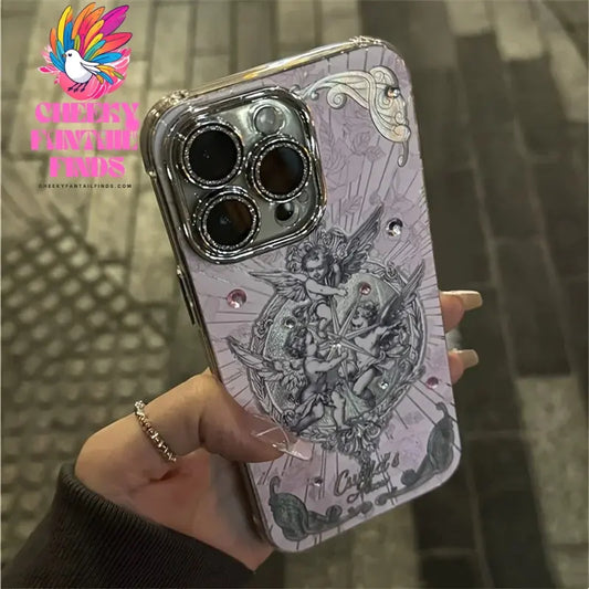 Retro 3D diamand Angel Cupid Case For iPhone 16 15 14 13 12 Pro Max 11 Glitter Lens Protection Cover Ins Pink Aurora Laser Shell Cheeky Fantail Finds