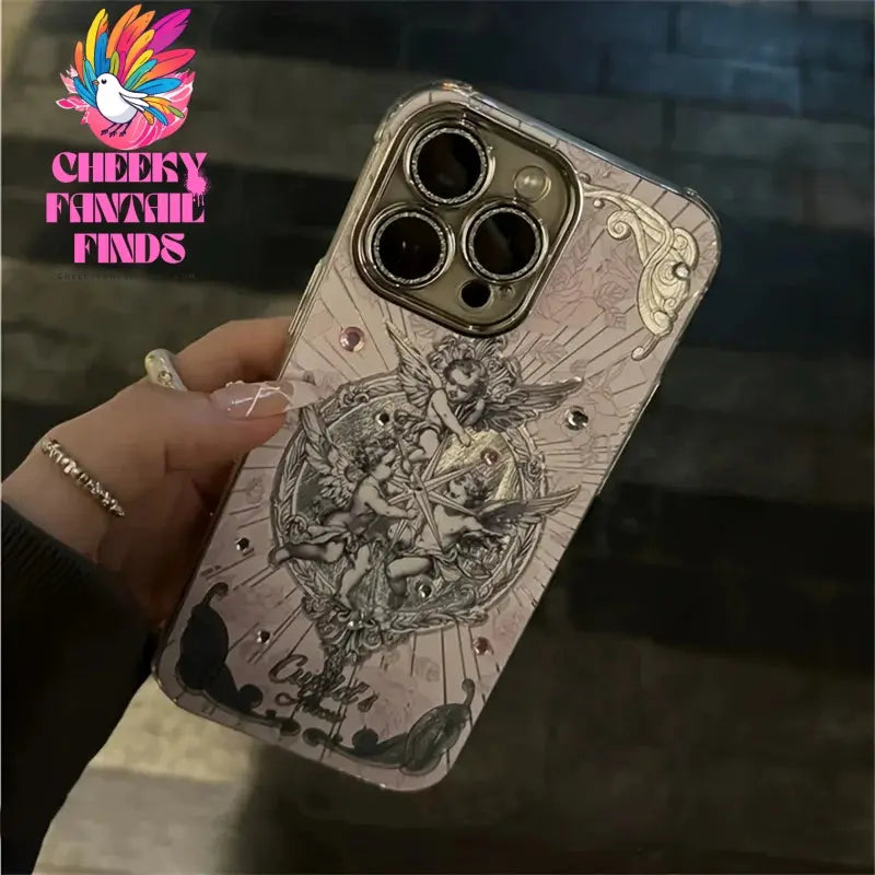 Retro 3D diamand Angel Cupid Case For iPhone 16 15 14 13 12 Pro Max 11 Glitter Lens Protection Cover Ins Pink Aurora Laser Shell Cheeky Fantail Finds