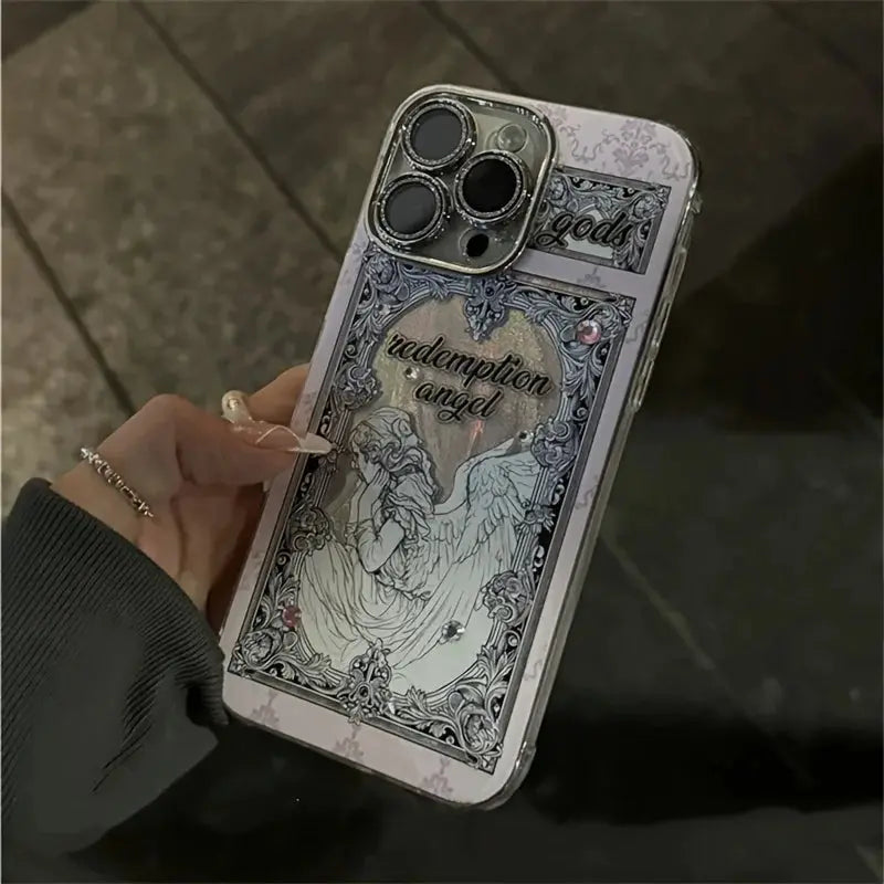 Retro 3D diamand Angel Cupid Case For iPhone 16 15 14 13 12 Pro Max 11 Glitter Lens Protection Cover Ins Pink Aurora Laser Shell Cheeky Fantail Finds
