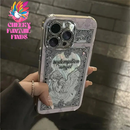 Retro 3D diamand Angel Cupid Case For iPhone 16 15 14 13 12 Pro Max 11 Glitter Lens Protection Cover Ins Pink Aurora Laser Shell Cheeky Fantail Finds